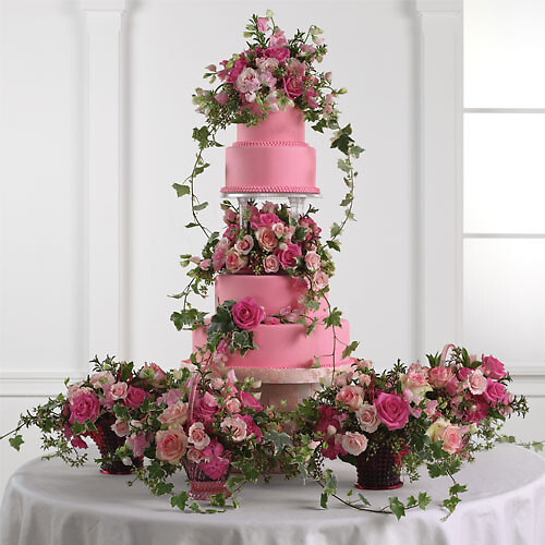 Tiered Pink Fondant Cake with Baskets