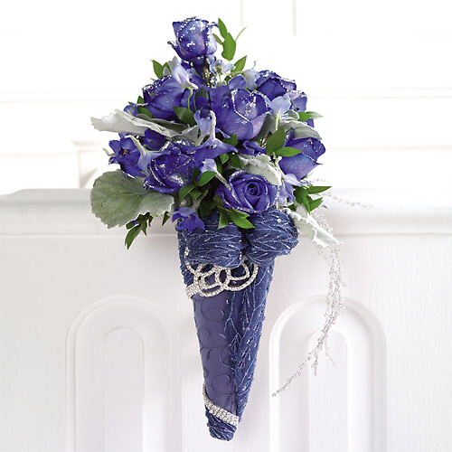 Glittered Blue-Dyed Rose Pew Decoration