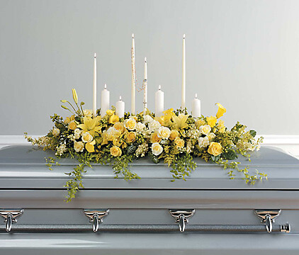 Yellow casket Spray with Rosary &amp; Candles
